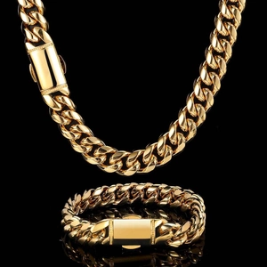 Hip Hop Stainless Steel Cuban Link Chain Jewelry Set For Men Polished Gold Silver Necklaces And Bracelets Streetwear Jewelry