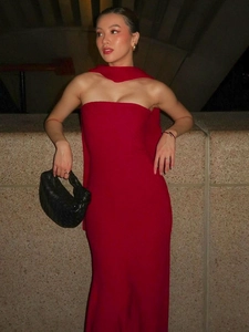 Strapless Maxi Dress Ribbed Slim Fit Fishtail Hem With Matching Scarf Evening Party Banquet Solid Color Women