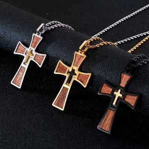 Triple set of layered stainless steel cross necklaces with wood inlay and twisted chains