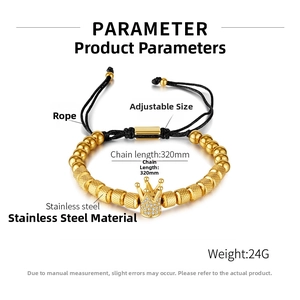 Macro view of adjustable crown bracelet with gold steel beads and zircon inlay details
