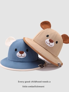 Detail view of blue and khaki cotton bucket hats with cute 3D bear ears for kids