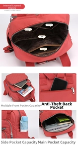 Macro view of red nylon backpack interior compartments and functional storage pockets