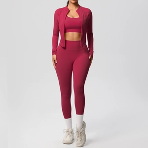 Completo yoga 3 pezzi bordeaux con giacca a zip, reggiseno sportivo e leggings a vita alta