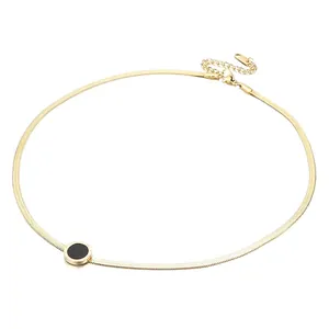 Gold stainless steel flat snake chain necklace featuring a black shell Roman numeral pendant