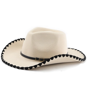 Stylish cream wool felt cowboy hat with black leather belt and crochet trim edge