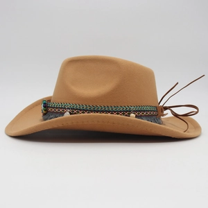 Detailed side profile of an ethnic style camel felt cowboy hat with a colorful woven band