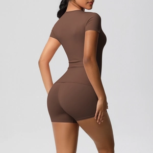 Detail showing high-elasticity double-sided brushed yoga fabric in dark brown