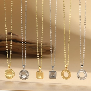 French Vintage Minimalist Copper Pendant Necklace For Women Geometric Round Square Gold Silver Plated Chain Choker Jewelry