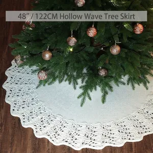 Knitted Christmas Tree Skirt Acrylic Hollow Wave Design Circular Floor Mat Festive Holiday Home Decor