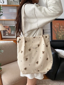 Corduroy tote bag with bear embroidery and large capacity for students in beige color