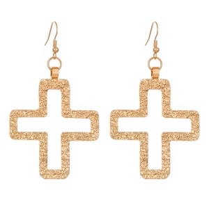 Gold hollow cross earrings with textured metal finish and hooks in 3-piece jewelry set