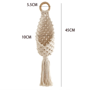Detail of macrame plant hanger showing 5.5cm ring, 10cm basket width and 45cm total length