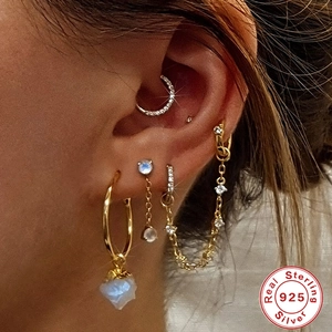 S925 sterling silver gold ear cuff and earring set with chain and moonstone
