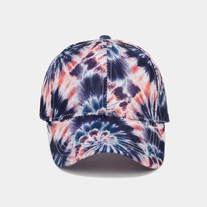 Detailed close-up showing the vibrant tie-dye pattern and stitching on this baseball cap
