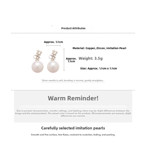 Detailed view of silver needle pearl earrings with zircon inlay showing 1.1cm dimensions