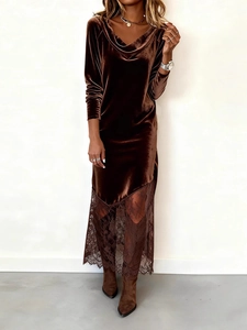 Robe En Velours Et Dentelle Col Bénitier Manches Longues Élégante Soirée Midi Automne Hiver Mode Pour Femmes