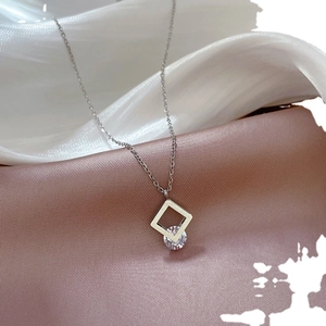 Titanium steel necklace with square frame and round cubic zirconia pendant on silk