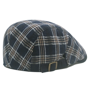 Classic navy plaid flat cap with adjustable metal buckle and breathable woven texture