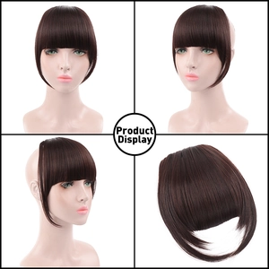 Detailed views of dark brown synthetic hair bangs with sideburns from multiple angles
