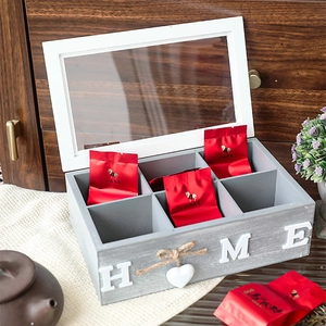 6-compartment wooden jewelry organizer box with glass lid and rustic heart charm decoration