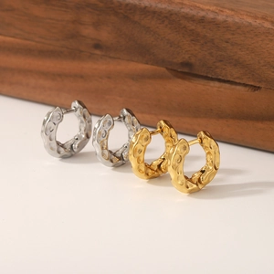 Hoop Earrings Stainless Steel 18K Gold Plated Hammered Molten Texture C-Shaped Huggie Vintage Geometric Jewelry