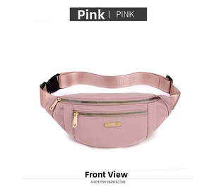 Front view of a pink nylon waist bag featuring dual zippers and adjustable strap