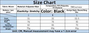 Size chart for black ring halter top detailing measurements in polyester and elastane