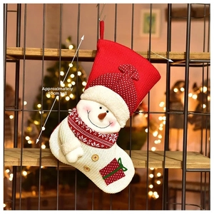 Detail of knitted Christmas stocking with 3D snowman, polka dot hat and wooden button