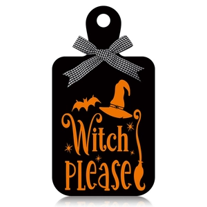 Halloween Witch PLEASE black wooden mini cutting board sign with bow and bat graphics
