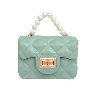 Mini mint green quilted crossbody bag for girls with faux pearl handle and gold clasp