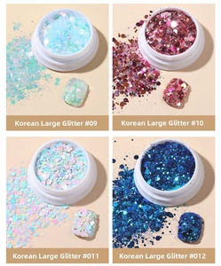 Detail view of 4 styles of holographic hexagon sequins and glitter nail art decorations