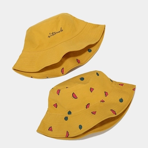 Reversible yellow bucket hat for women with cute watermelon print and embroidery