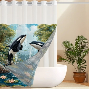 Close-up of waterproof shower curtain featuring orca, water lily and forest print design