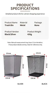 Size chart showing 23x30cm dimensions for the metal mesh round waste bin with weight details