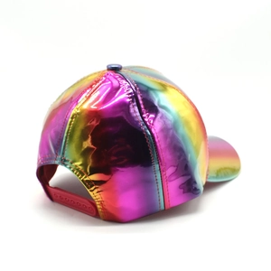 Iridescent laser patent leather baseball cap featuring a red snapback adjustment strap
