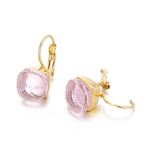 Elegant gold plated stainless steel drop earrings featuring square cut pink crystal stones
