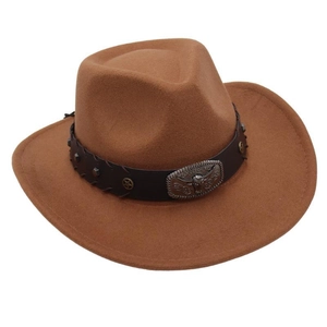Detail of western brown felt hat with leather band and embossed bull head metal buckle