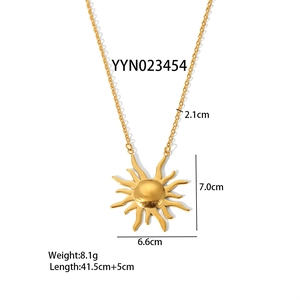 Golden sun pendant necklace made of stainless steel with dimensions and chain length specs