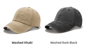 Close-up of washed beige and black vintage baseball caps with detailed stitching