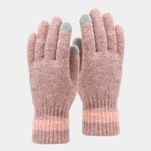 Detail of pink knitted touchscreen gloves with ribbed cuffs and grey conductive fingertips