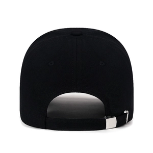 Black distressed baseball cap with adjustable strap and silver buckle back view