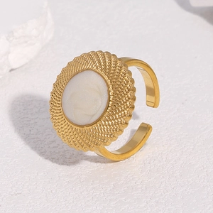 18k gold plated stainless steel open ring with white enamel flower petal inlay