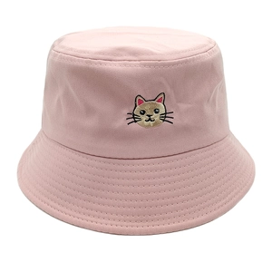 Pink cotton bucket hat with cat embroidery, lightweight sun hat for outdoor activities