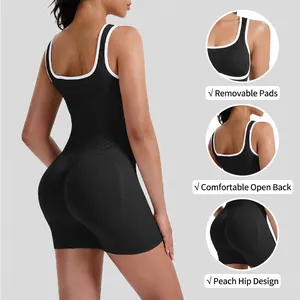Women Athletic Romper Bodysuit Ribbed Knit Nylon Butt Lifting Yoga Gym Fitness Workout Contrast Piping Sleeveless