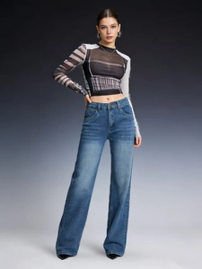 Women High Waisted Straight Leg Jeans Denim Vintage Washed Floor Length Slimming Wide Leg Trousers Casual Blue Style