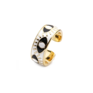 Bague ouverte œil protecteur plaquée or avec détails en émail noir et blanc, style hip-hop