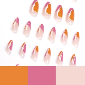 Pink and orange almond press-on nails with white wave patchwork minimalist design
