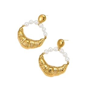 Golden crescent stud earrings with round pearl charms in high-quality stainless steel