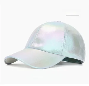 Close-up of a holographic snake pattern baseball cap with iridescent metallic finish