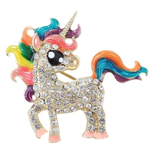 Golden unicorn brooch with crystal rhinestones and colorful rainbow enamel detail